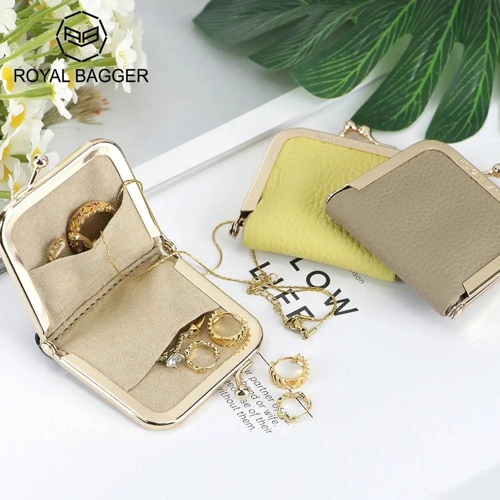 Royal Bagger Premium Genuine Leather Women's Mini Jewelry Organiser - Slim Design Fitting Traveling Storage Box, Kiss Lock Closure Coin Purse, Ideal Gift, Model 3120