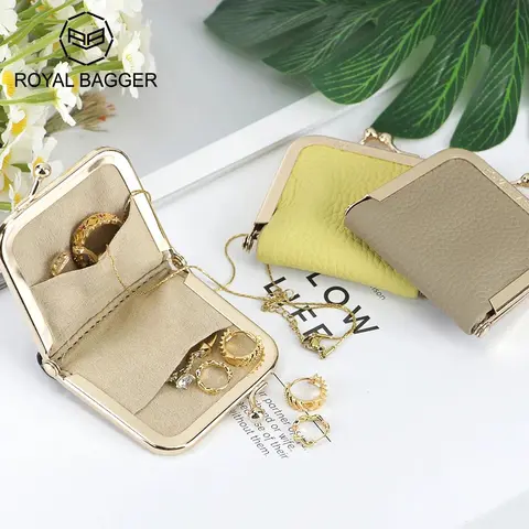 Royal Bagger Premium Genuine Leather Single Women's Mini Pocket Jewelry Organiser - Classic, Durable, Portable Accessories Box, Compact, Eco-Friendly, Slim, Kiss Lock Closure, Multiple Slots, Coin Separation, Travel Pouch, Model 3120, Gifts for Women