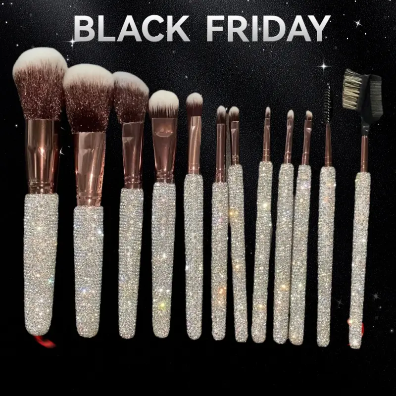 A Set of 12 High-End Luxury Makeup Brushes, Adorned with Sparkling Glass Rhinestones, Including Professional Face And Eye Brushes. This 12pcs Collection Features Blinged-Out Highlighter, Powder, Contour, Foundation, Lip, Nose Shadow, Eyesha