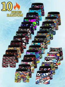 Men's Graffiti Digital Print Briefs Boxer Shorts, Random 10 Pack, Elastic Comfort, Fashion Trendy, Streetwear Underwear, Comfortable and Stylish, All Seasons, Underwear Boxer Briefs