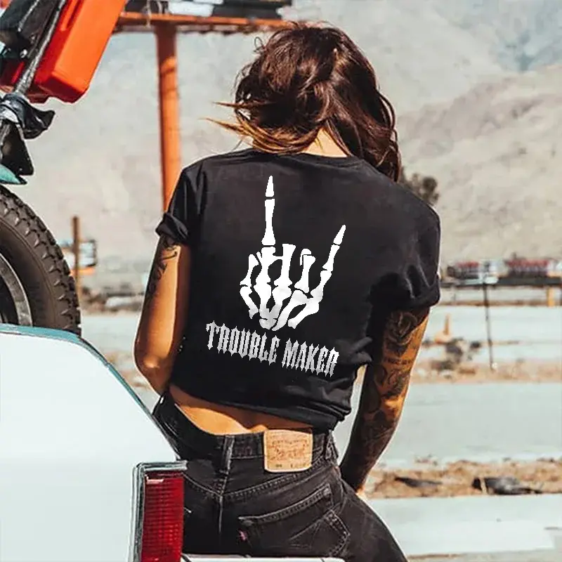 Women's Fitted "Trouble Maker" Digital Print Shortsleeve Cotton T-Shirt - Casual Style, Vibrant Full-Color Graphic, Comfy Fabric, Round Neck, M Size, Summer Outfit Essential, Ideal Gift for Women