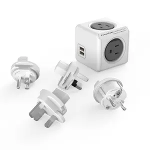 Allocacoc PowerCube ReWirable USB - Compact Design, Cubic Shaped Multi-socket Power tab, 4 outlets dual USB, 4 changeable socket adaptors, international travel power charger, no blockage, IEC connector, 110~250V, 10A, modular, Grey