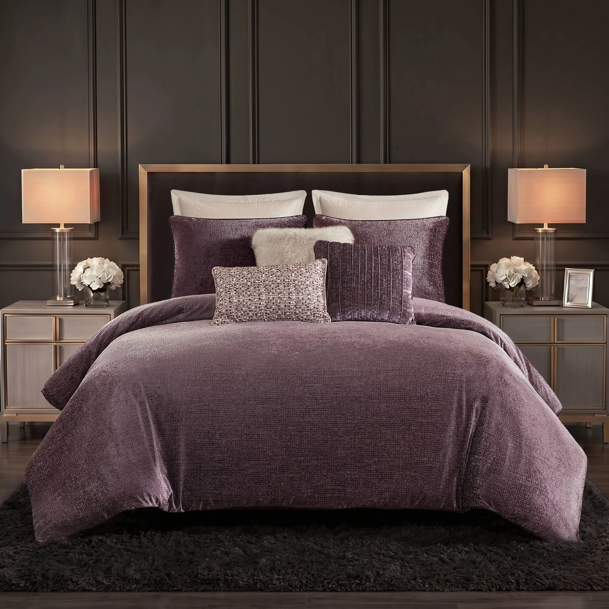 8-Piece Queen Comforter Set Mauve Velvet Jacquard Bedding Set with Removable Filler, Piped Shams, Decorative Pillows, Polyester, for Bedroom, Guest Room, Dorm, Multiple Options
