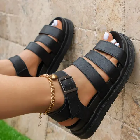 Women's Fashionable Solid Color Buckle Platform Sandals, Trendy Sandals, Casual Comfortable Sandals for Daily Wear, Lightweight Breathable Shoes for Women and Girl, Breathable Summer Sandals, Pu Leather Sandals