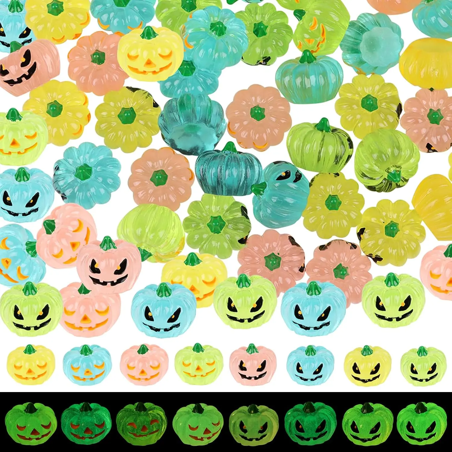 56-Piece Glow-in-the-Dark Luminous Resin Miniature Pumpkins Set - 0.98x0.75 Inches Waterproof Resin Figurine Statue, Decoration Items for Halloween Party Centerpiece, Fall Home Decor Supplies