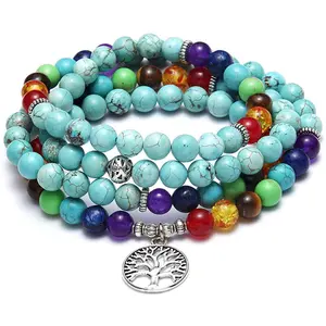 Tiger Eye Stone 108 Buddha Beads Lotus Bracelet Necklace Frosted Unisex Anti-Radiation Health Function Travel Commemoration Gift