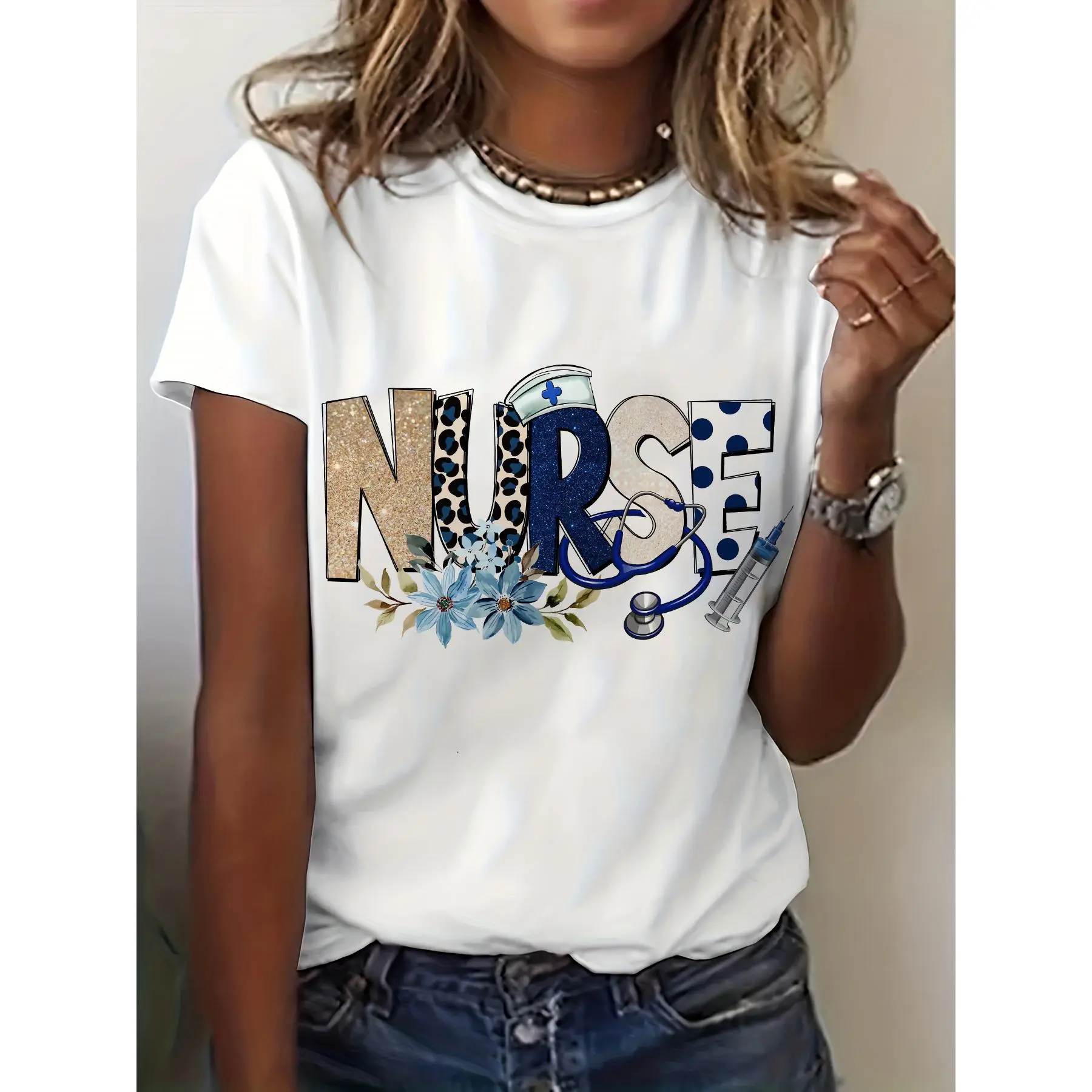 Ladies Nurse Print Short Sleeve T-Shirt - Crew Neck Leopard Print Decorative Breathable Summer Top, Perfect for Nursing Professionals, Machine Washable, Opaque Fabric, Daily Comfort, Nurse Gift