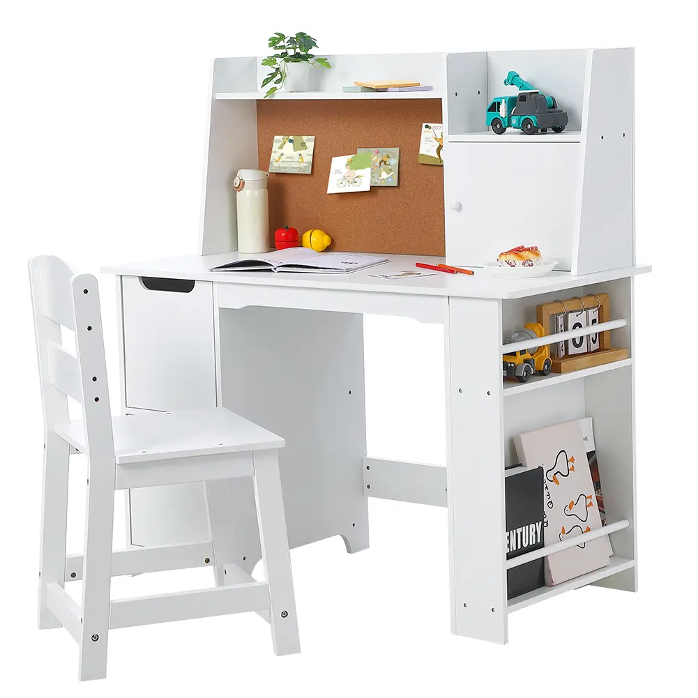 Kids Study Desk and Chair Set with Bulletin Board, Storage Shelf, and Two Drawers, White Wooden Writing Table for Children's Bedroom or Playroom