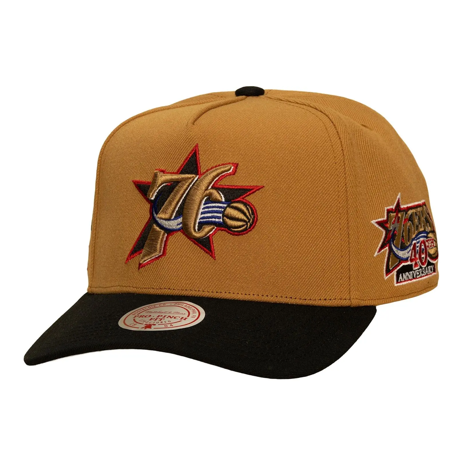 Philadelphia 76ers Gold/Black Hardwood Classics In the City Pro Pinch Snapback Hat NBA Throwback Cap Adjustable Fan Gear Mitchell & Ness