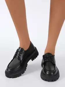 Women's Lace-Up Chunky Heel Loafers, British Style Thick Sole Platform Shoes, Anti-Slip Zigzag Bottom, Commuter Casual Office Footwear