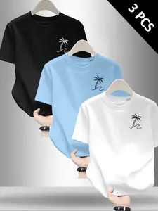 Men's Casual Classic Tropical Coconut Tree Print Round Neck Short Sleeve T-Shirt, Comfortable Daily Wear, 3-Pack, Fitted H-Type Long Top