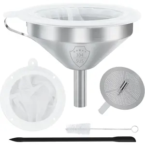 304 Stainless Steel Funnel, 5 Inch Funnels for Kitchen Use Filling Bottles, with 200 Mesh and 100 Mesh Fine Mesh Strainer, for Oils, Juice, Wine, Coffee, Milk, Tea, Powder