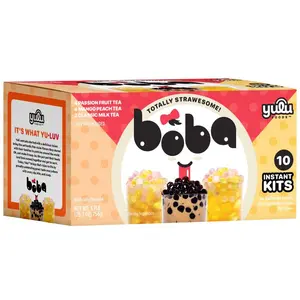 Boba Bundle Kit 10 Serv. Instant Bubble Pearl Variety Milk Tea Kit with Authentic Brown Sugar Tapioca Pearls by Yulu Foods - Ready in Under 1 Minute, Includes Paper Straws - Gift Box, Holiday (Classic, Mango Peach, Passionfruit)