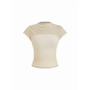 Cider Mesh High Neck Sleeveless Draped Ruched Top Dealsforyou
