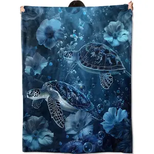 Sea Turtle Ocean Blanket Throw Blue Marine Animal Flannel Blankets Soft Lightweight Cozy Decor Gift for Men Women Adults Ocean Lovers Ideal for Couch Bed Sofa Office Travel