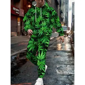 [LeafPrintHoodieSet]MachineWashableLeafPrintHoodie&SweatpantsSet-Polyester,KnitFabric,Men'sCasual