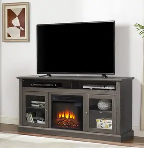 Eyisean Modern 60" Traditional TV Stand with 18" Electric Fireplace Heater & Media Entertainment Center, Farmhouse Glass Door Storage Cabinet and Open Shelve