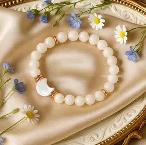 Moon Phase Charm 8mm White Moonstone & Mother of Pearl Stretch Bracelet Jewelry