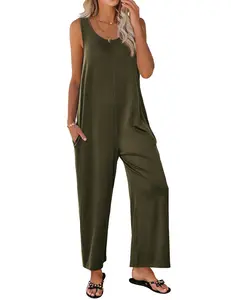 Womens Sleeveless Jumpsuits for Women Scoop Neck Casual Tank Rompers Wide Leg Pants Overalls with Pockets