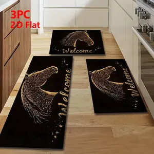 2/3 Piece Flannel Kitchen Mat Set, Gold Horse Head Design, Vintage Luxury, Non-Slip, Absorbent, Home Decor