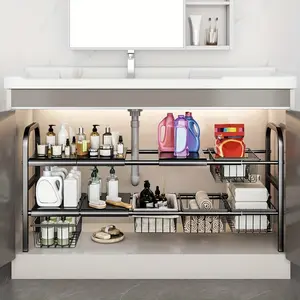 Expandable Under-Sink Storage Shelf with Removable Bins And Panels, Multi-Layer Kitchen Cabinet Organizer, Universal Bathroom Rack with Adjustable Design, Utility Racks, Bathroom Organizing Accessories