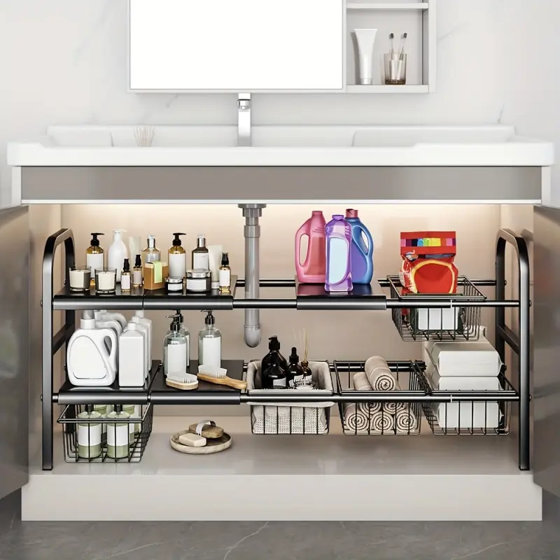 Expandable Under-Sink Storage Shelf with Removable Bins And Panels, Multi-Layer Kitchen Cabinet Organizer, Universal Bathroom Rack with Adjustable Design, Utility Racks, Bathroom Organizing Accessories, Bathroom Organizers