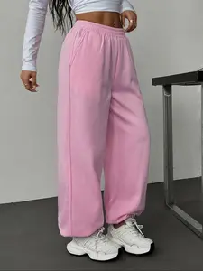 Women Pink High Waist Sweatpants Casual Loose Fit Joggers Elastic Waist Drawstring Pants Streetwear Y2K Sporty Lounge Pants Trendy Comfy Soft Fleece Bottoms for Daily Workout Home High Waisted Joggers