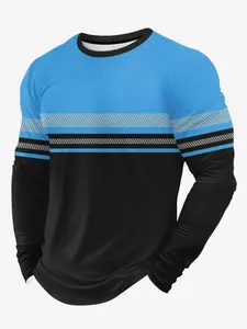 Men's Patchwork Color Block Striped Print Long Sleeve T-Shirt, Casual Fashion Top, Comfortable Cotton Material, Perfect for Daily Wear
