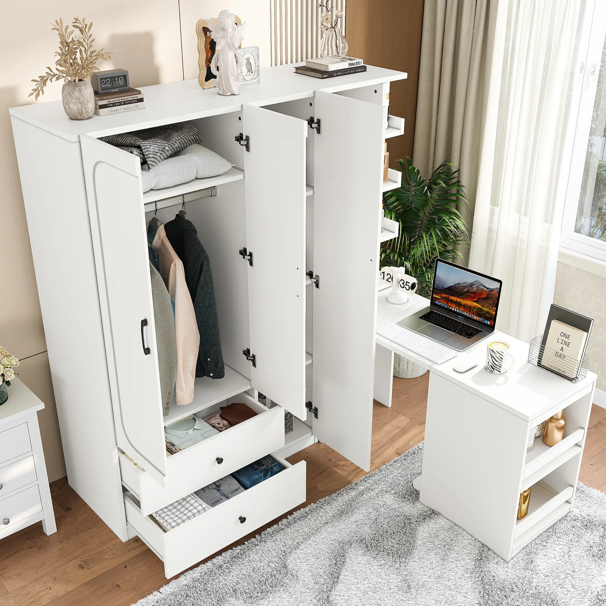 Multifunctional Wooden Wardrobe Closet with 2 Doors, Hanging Rod, Convertible Desk, Storage Drawers, Multi-Storage Spaces, White Finish, for Bedroom, Cloak Room, Laundry Room, Home Organization Furniture, Home Furniture and Household Product