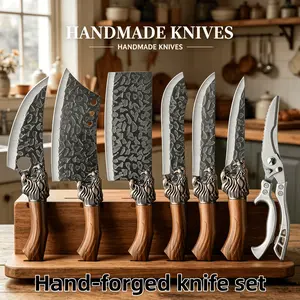 Professional Chef  Set - Handcrafted with Ergonomic Handle and Hammer-Finish Blade - Super Sharp Bone Cutting Knife, Butcher , Fish , Bread , Hatchet, Kitchen Scissors - Perfect for Home Use, Mother's Gift Meat Dragon 7Pcs