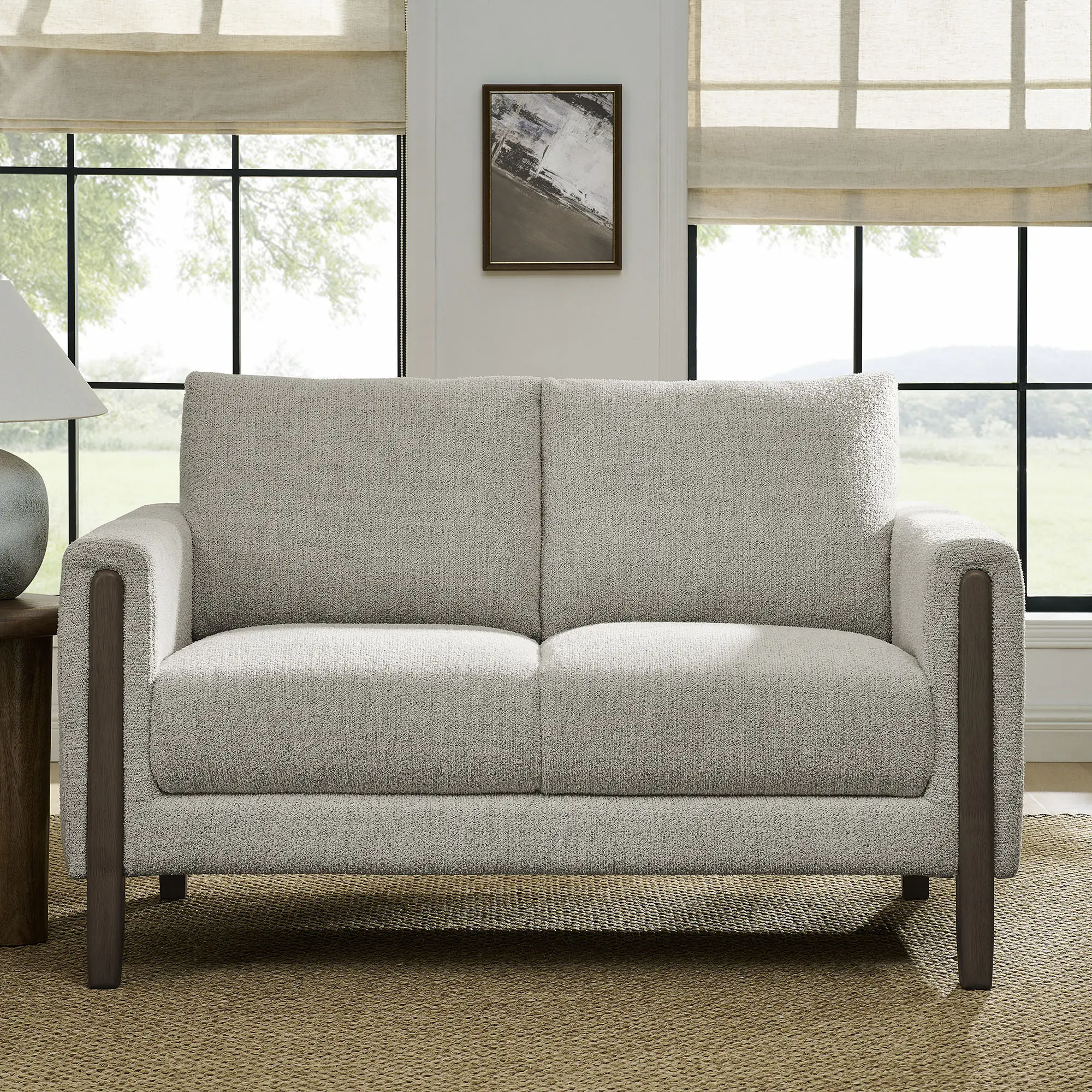 Hawken Boucle Fabric Loveseat in Parchment Espresso Hawken Boucle Fabric Loveseat in Parchment Espresso