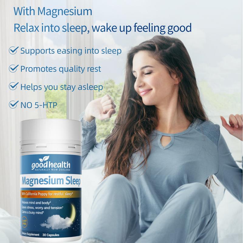 Goodhealth Magnesium Sleep Support - California Poppy & Passionflower & Ashwagandha - Triple Magnesium Complex - Herbal Formula for Stress Relief & Deep Sleep - Energy & Overall Fitness Healthcare - Vitamins -GMP, NZ Made - 30 Capsules - Supplement Edible