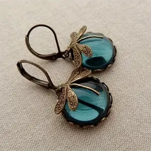 Vintage Dragonfly Green Artificially Synthesized Gemstones Dangle Earrings - Boho Jewelry for Women - Perfect for Mother's Day, Birthdays, and Holidays