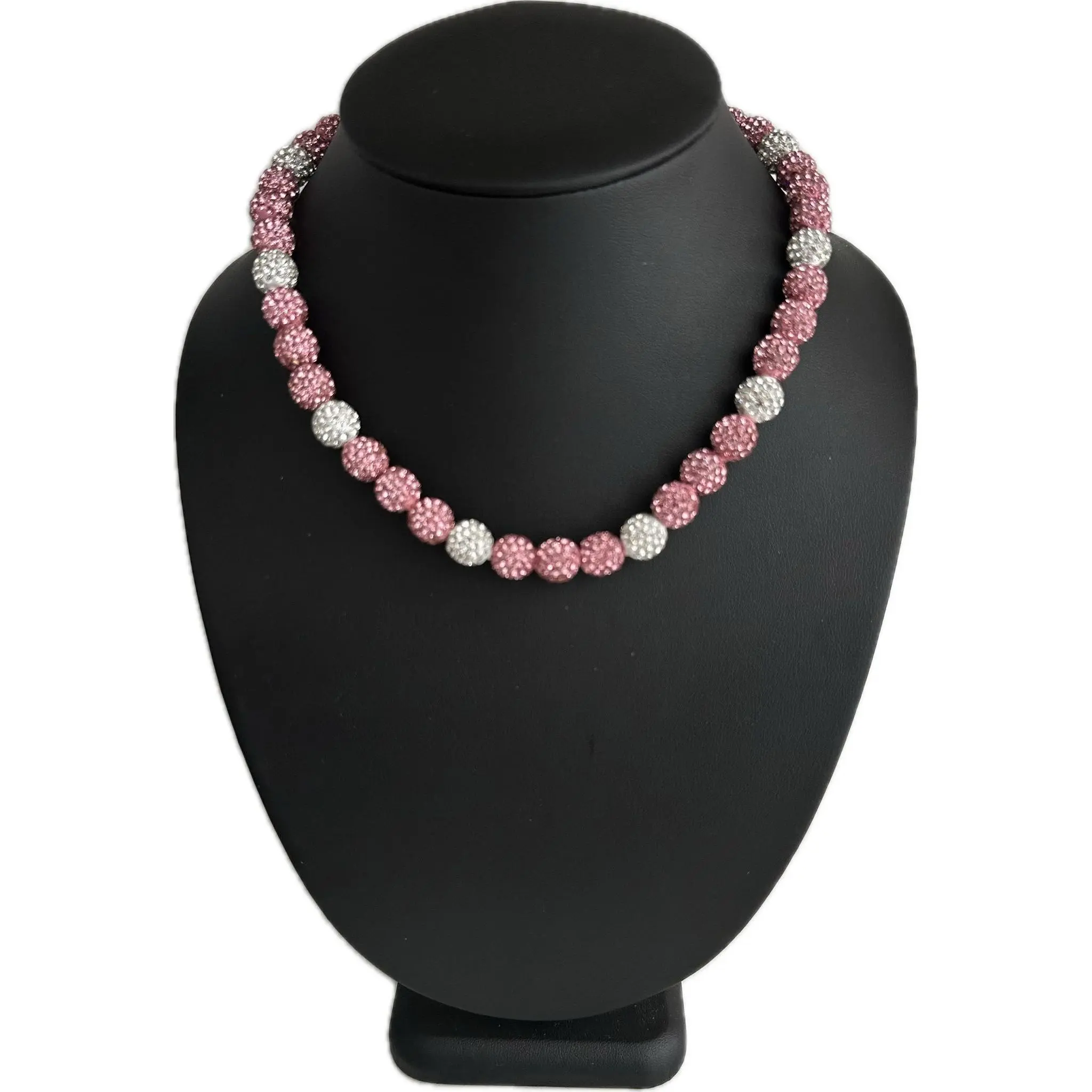 Iced Rhinestone Crystal Disco Ball Crystal Bead Baseball Softball Necklace Pink Ribbon Month