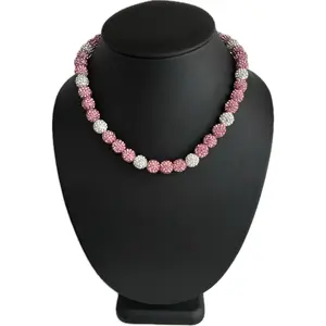Iced Rhinestone Crystal Disco Ball Crystal Bead Baseball Softball Necklace Pink Ribbon Month