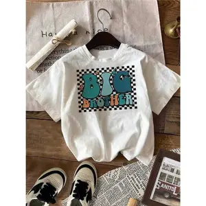 Boys' Big Brother Graphic T-Shirt 3-13 Years - Checkered Print with Bold Lettering, Short Sleeve Round Neck Casual Tee for Easter & Casual Attire, Sibling Matching Outfits, All-Season Comfortable Kids Apparel (Easy-Care Short Sleeve Shirt)