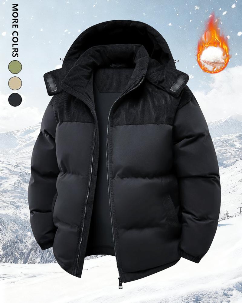 Men's winter hooded casual fluffy wool-lined cotton jacket with detachable pocket cap, warm color-block cotton coat suitable for various occasions such as daily casual wear and weekend outings. style