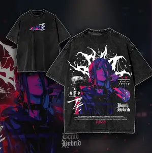 Chainsaw Man Makima Control devil villains T-shirt, Kawaii washed Double-Sided Print, Anime Manga Washed Shirt Graphic tees Cotton streetwear vintage