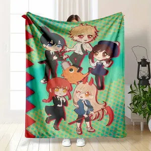 Chainsaw Man Anime Flannel Fleece Throw Blanket Denji Pochita Power Makima Aki Kobeni Chibi Print Kawaii Room Decor Ultra Soft Warm Fuzzy Bedding Aesthetic Gift for Otaku