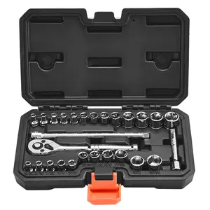 27-Piece 1/4-Inch Drive Chrome-Plated CR-V Steel Socket and Ratchet Set, Impact-Resistant SAE/Metric Hand Tool Kit with Ratchet Wrench, Extension Bar, Storage Case for Auto Repair