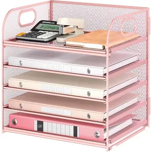 5 Tray Paper Organizer Letter Tray with Handle, Mesh Desk File Organizer, Paper Sorter File Folder Holder for Office, Home or School - Pink