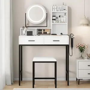 Garvee Vanity Desk with Mirror and Light, Makeup Vanity Desk with Rotating Mirror, 3 Colors Adjustable Light, Wood Vanity with 2 Drawers, Stool, Power Outlet, Vanity Set for Bedroom/Dressing Room, Black