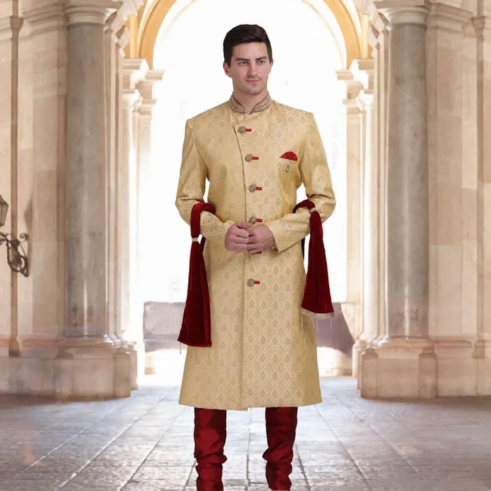 Traditional Sherwani in Brocade fabric - Cream Menswear Soft Pajama Red Clothes