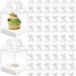 50 Pack Individual Clear Cupcake Boxes, Single Cupcake Containers, Plastic Cupcake Holders with Handle, Inserts and Sticker