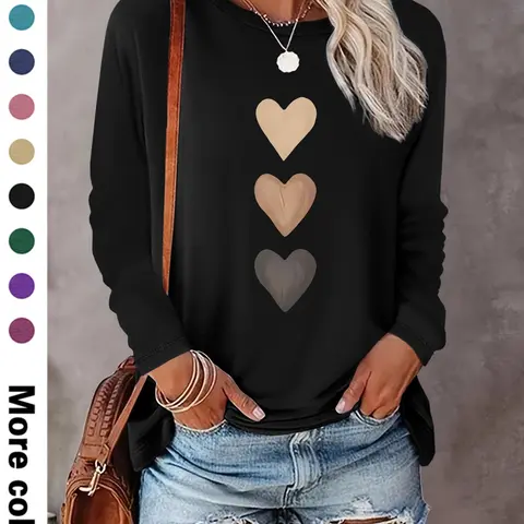 Women's Heart Print Round Neck Fitted T-shirt, Casual Long Sleeve Medium Crew Neck T-shirt for Spring & Fall, Fashion Women's Top for Daily Wear