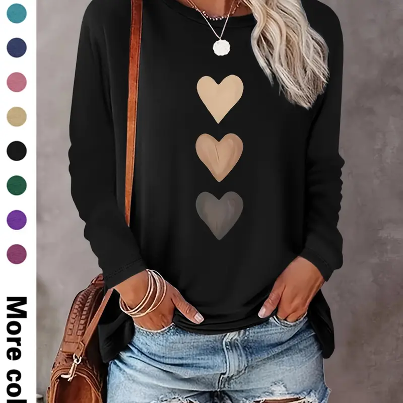 Women's Heart Print Round Neck Fitted T-shirt, Casual Long Sleeve Medium Crew Neck T-shirt for Spring & Fall, Fashion Women's Top for Daily Wear