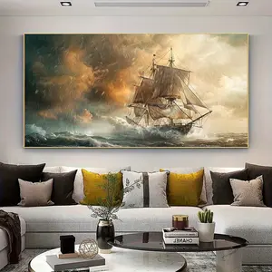 2D Flat, 2D Flat Sailboat Canvas Art - Frameless Ocean Storm Oil Painting, 27.5x55.1 Inches, Modern Nautical Wall Decor for Living Room or Bedroom, Realistic Sailboat Artwork, Perfect Home Decoration Gift, Nautical Decor - 2D Flat Print, 2D Flat