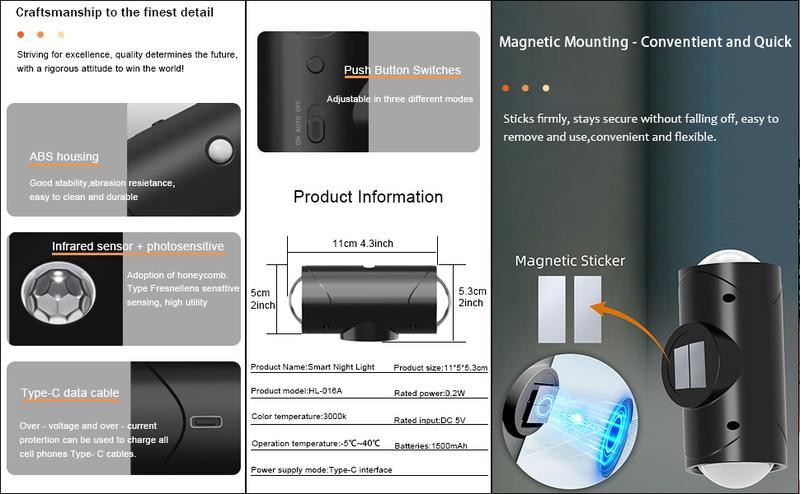 Rechargeable LED night light with human body motion sensor, RGB color-changing dimmable wall lamp, magnetic step lamp for bedroom, entryway, stairs, desk, or bathroom — indoor ambient lighting, plug-free, smart home lighting