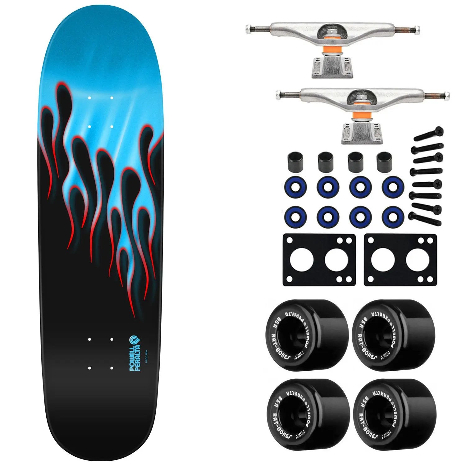 Powell Peralta Skateboard Nitro Hotrod Flames Black/Blue Foil / Independent/ Rat Bones Black