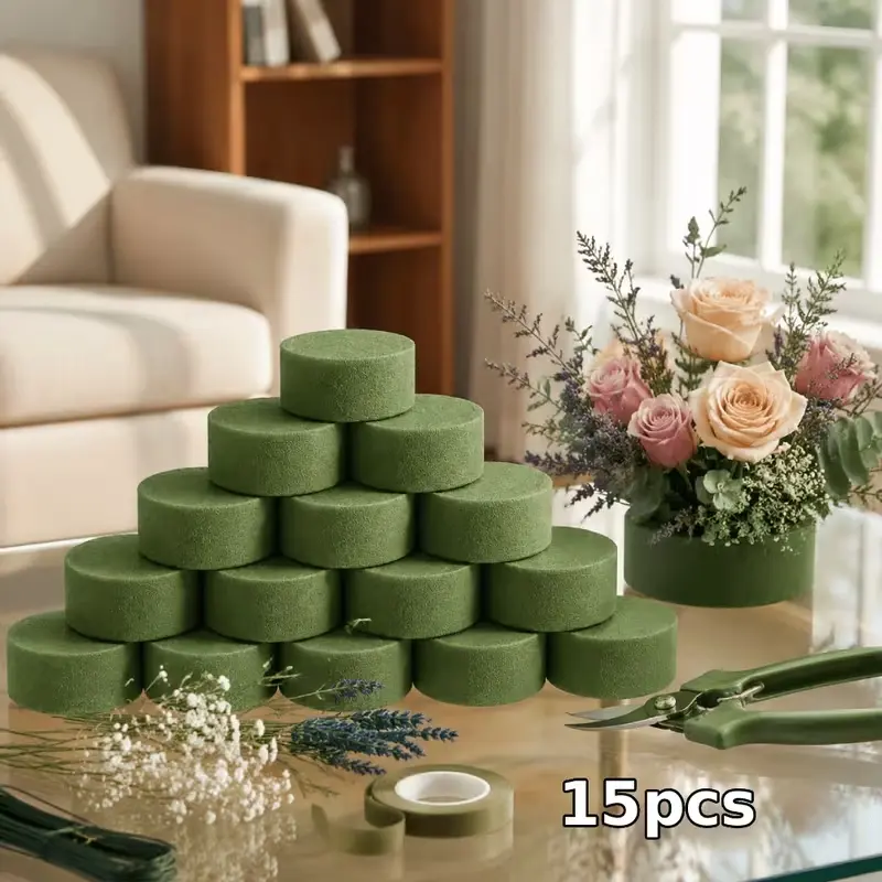 15pcs Green Floral Foam Blocks, High-Density Round Flower Sponge for Fresh Artificial Flowers, Gardening Decor And Craft Bouquets